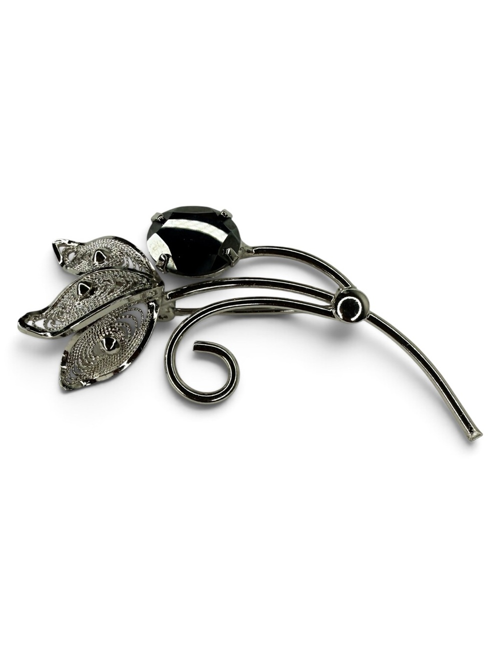 Vintage Sterling Silver Filigree Brooch With Czech Black Glass - Picture 8 of 13